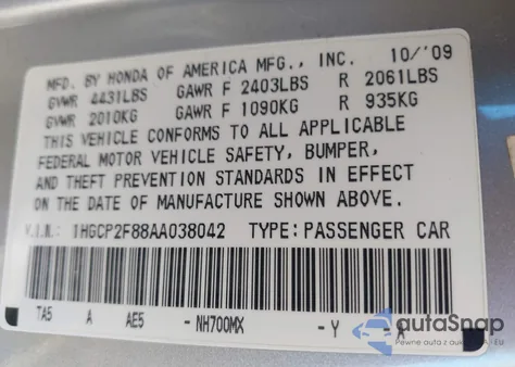 2010 Honda Accord 2.4 Ex-L из США, поврежденный, VIN 1HGCP2F88AA038042